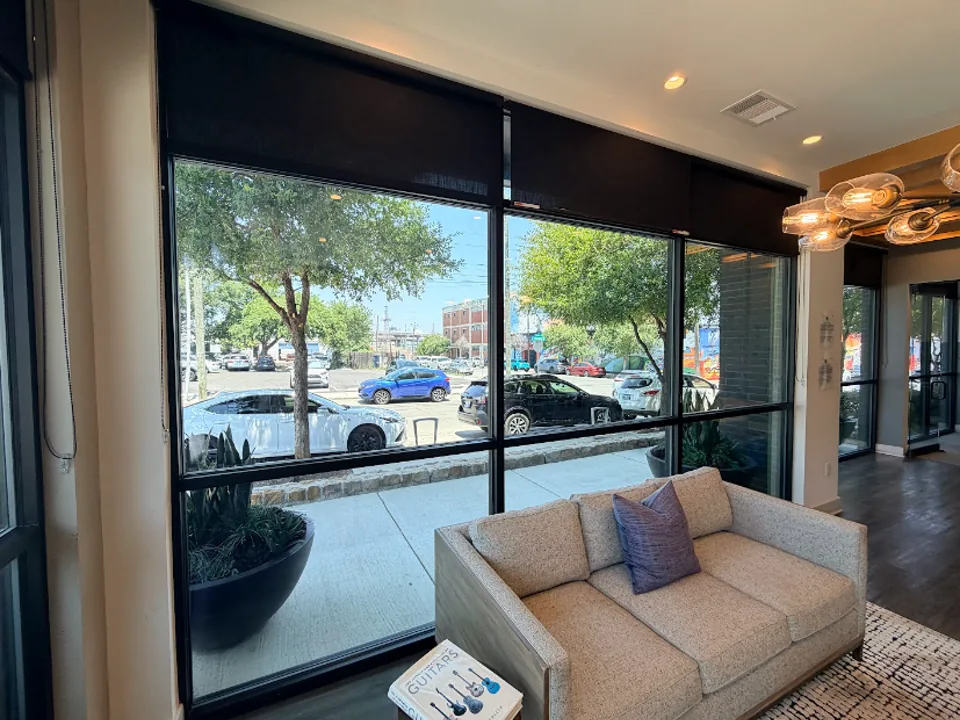 Storefront seating area with clear exterior glass